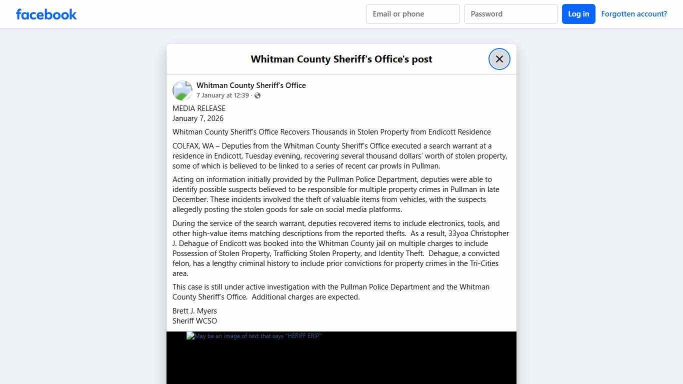 MEDIA RELEASE January 7,... - Whitman County Sheriff's Office | Facebook
